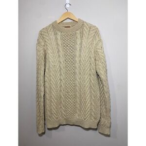 PAITITI WOOLENS CO Vintage Mens L Tan Cable Knit Sweater Crewneck Fisherman Wool